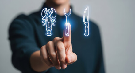 Person interacting with digital holograms of a lobster, a tool, and a knife, showcasing modern culinary technology and innovation in food preparation and presentation