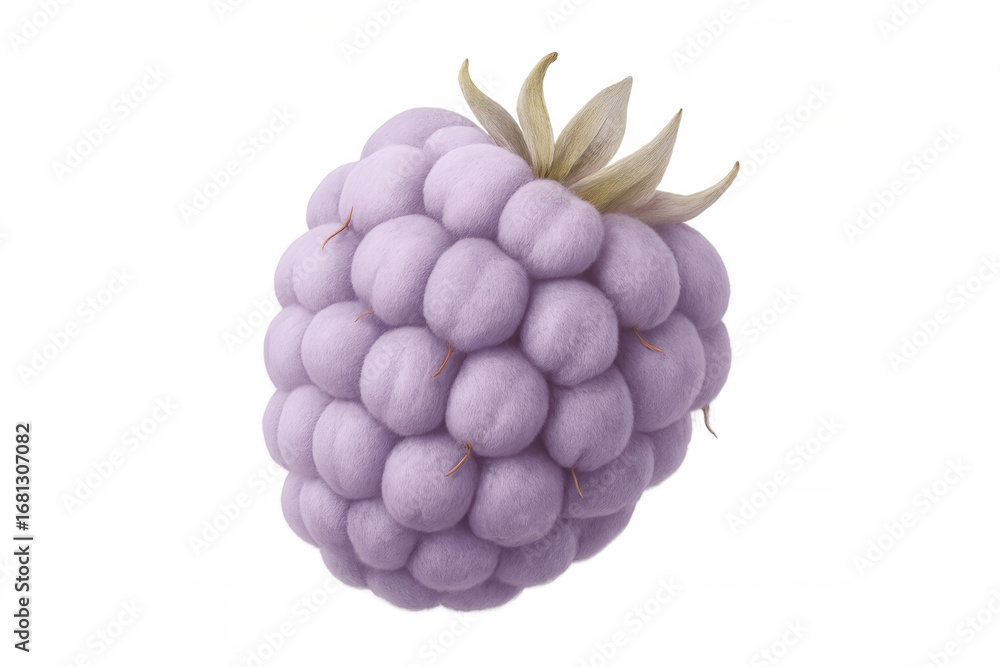 Poster purple raspberry 3d rendering, detailed with stem and leaves, floating on transparent backdrop highl