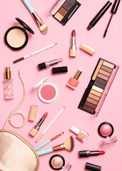 professional makeup tools. Makeup products. A set of various products for makeup. Vertical photo...