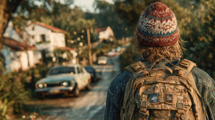 A man walking down a country road with a backpack and knitted hat, exploring the outdoors.