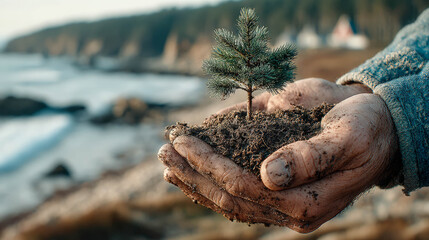 A person holds a small green sapling in their hands, symbolizing growth and environmental care.