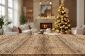 Blank wooden tabletop with cozy holiday decor and blurred Christmas tree lights background, festive setting for product showcase
