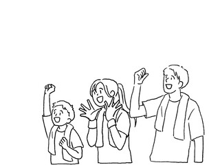 首にタオルをかけて観戦する若い男性と、女性、男の子、線画