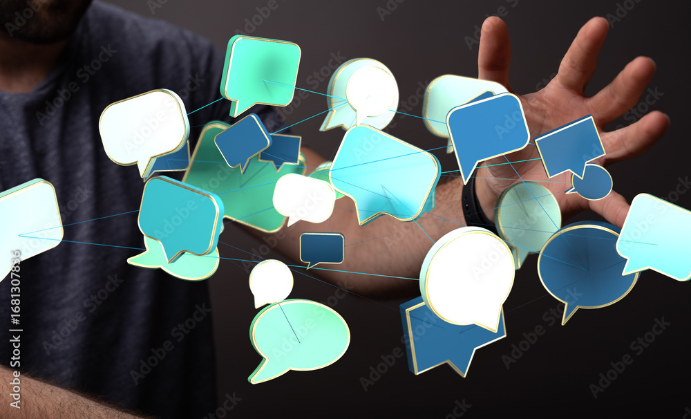 Poster Abstract image of a person interacting with digital speech bubbles, representing communication and networking.