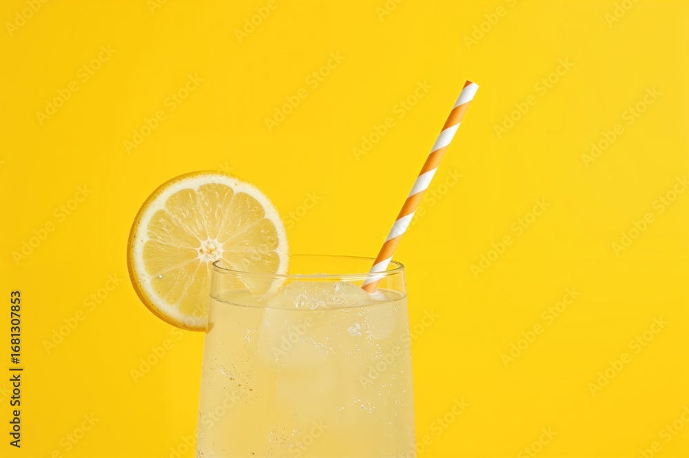 Poster refreshing lemonade setup on a vibrant yellow backdrop with a lemon wedge and straw, detailed close-