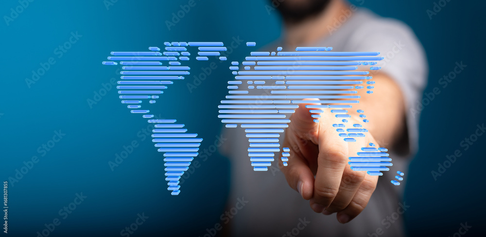 Poster person interacts with a digital world map, representing global connectivity and networking.