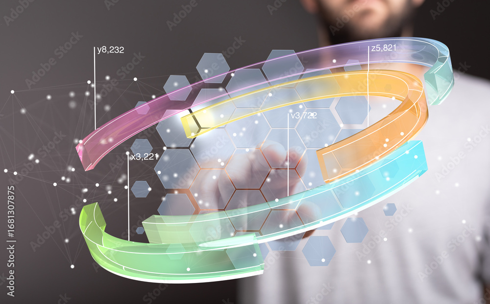 Aufkleber person using finger to interact with a futuristic data visualization interface.