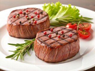 Two perfectly grilled filet mignon steaks garnished with peppercorns rosemary and cherry tomatoes white background