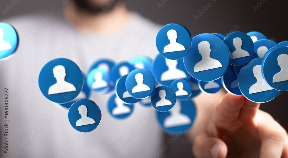 Poster abstract image of a hand interacting with a network of social media profile icons.