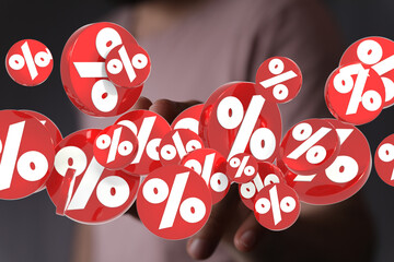3D rendering of red percentage symbols floating in a hand, ideal for discount and sale promotions.