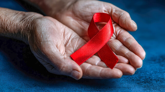 Elderly hands gently holding a red awareness ribbon on a blue background.