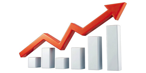 Red upward arrow graph showing rising trend concept. A graph showing upward growth and increasing success.