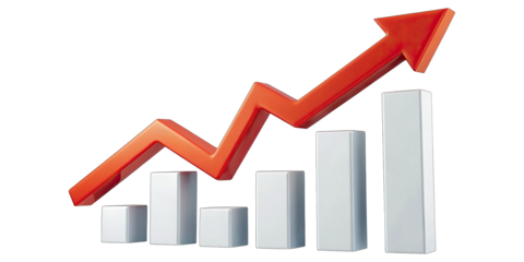 Red upward arrow graph showing rising trend concept. A graph showing upward growth and increasing success.
