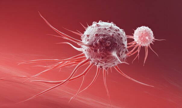 Cancer cells magnified, vibrant red background