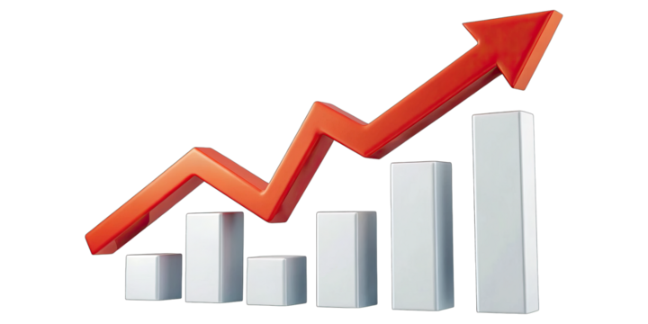 Red upward arrow graph showing rising trend concept. A graph showing upward growth and increasing success.