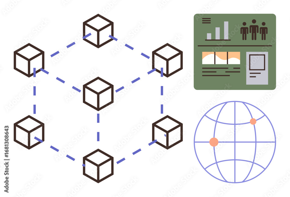 Poster interconnected cubes forming a blockchain network, analytical dashboard with graphs and charts, and 