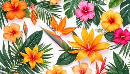 Colorful patterns depicting bright tropical plants, flowers, flower twigs, leaves 