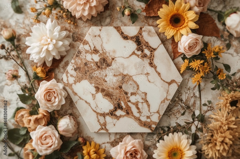 Poster hexagonal marble pattern adorned with floral elements. elegant backdrop for showcasing content.
