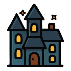 Dark spooky cartoon haunted house with glowing windows, suitable for halloween decorations, spookythemed designs, haunted housethemed projects, and illustrations.