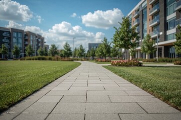 Fototapeta premium Contemporary geometric stone tiles laid along a fresh walking trail in a leisure area.