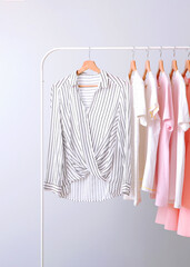 fashionable clothes on a rack in the interior of a bright room. Vertical photo format