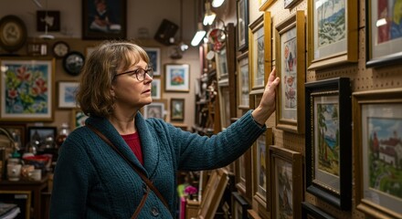 Obraz premium mature woman admiring art collection in cozy antique store with diverse framed paintings on warm evening