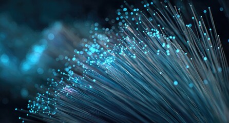 Close-up of glowing blue optical fibers