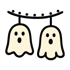 Two adorable halloween ghosts hanging from black beads, perfect for spookythemed designs, greeting cards, party invitations, and social media posts.