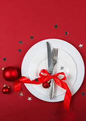table setting for christmas or new year holiday top view. Mirimalism, . Vertical photo format