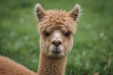 Fototapeta premium Alpaca with light brown fur against a lush green backdrop