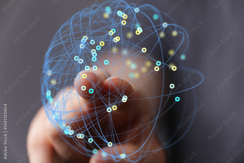 Poster abstract image of a hand interacting with a network of interconnected data points, representing glob