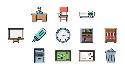 School Supplies Icon Set: A comprehensive icon set showcasing an array of essential school supplies and classroom elements, perfect for educational or design projects.
