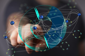 A hand interacts with a digital network visualization, showing data connections and analysis.