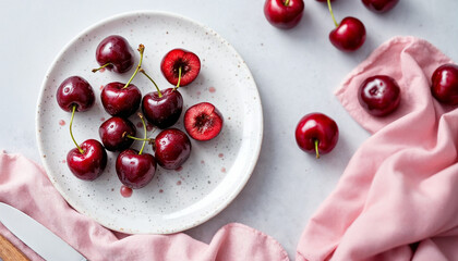 Close-up still life of fresh cherries on a speckled plate with soft lighting.	
