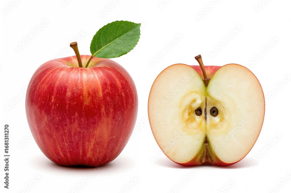 Poster single whole apple and a sliced half displayed on a white backdrop with clipping path