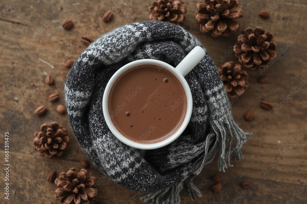 Poster cup of warm homemade cocoa wrapped in a scarf with pine cones on a rustic wooden surface. overhead s