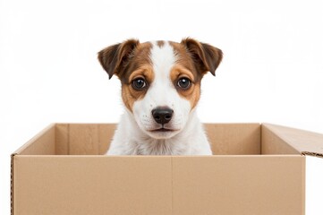 Fototapeta premium Two-month-old Jack Russell Terrier puppy emerging from a box against a white backdrop