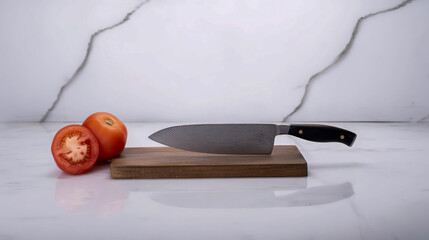 A sharp kitchen knife placed on a wooden cutting board with fresh tomatoes, ideal for cooking or culinary displays.