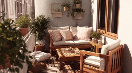 Fototapeta premium Scandinavian outdoor balcony, wooden furniture, light cushions, potted plants, cozy daylight setting 
