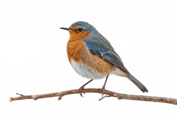 Fototapeta premium Exotic blue bird with orange side feathers perched on a branch against a white backdrop