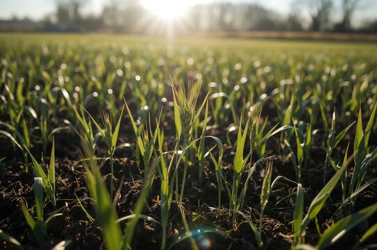 Dawn illuminates the countryside, highlighting fresh wheat shoots emerging from rich soil, symbolizing new beginnings and vitality.