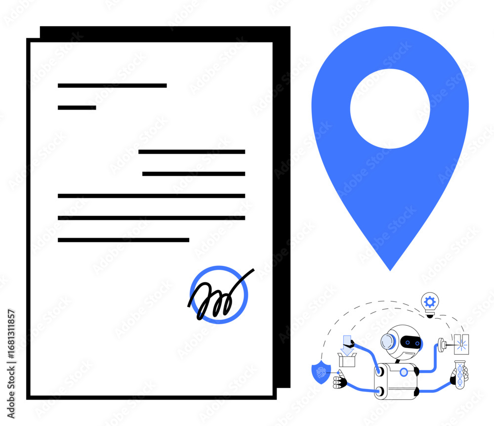 Aufkleber document with signature, blue location marker, and robot handling tasks thumbs up security and netwo