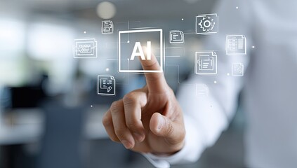 A hand touching a holographic AI icon, surrounded by data icons