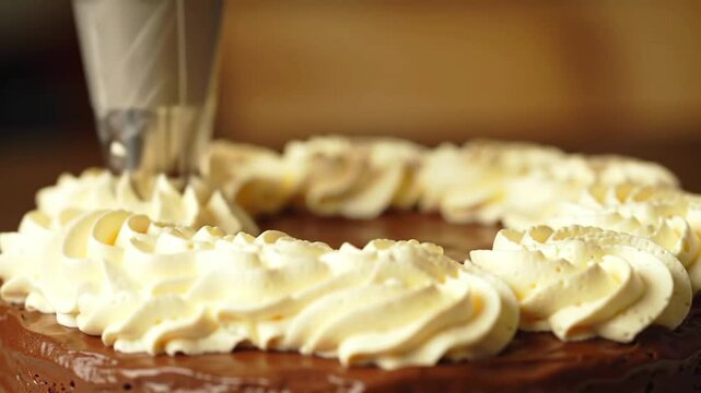  A confectioner's tool carefully applies decorative rosettes of a rich, airy topping