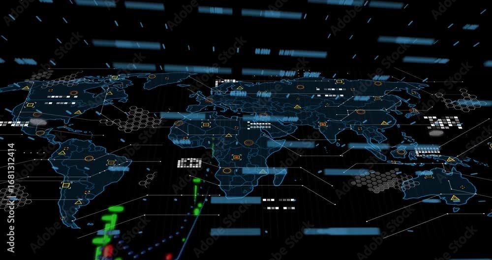 Poster animation of digital data processing and world map over clack background