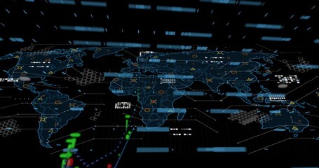 Animation of digital data processing and world map over clack background - Powered by Adobe