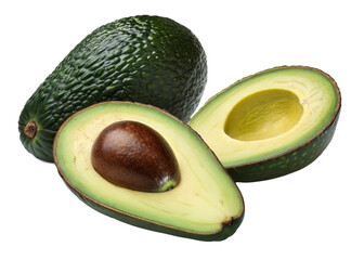 Fresh Ripe Avocado Whole and Halved with Seed Isolated on White Background