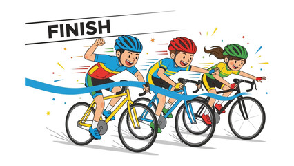 Fototapeta premium Triumphant Finish: A vibrant depiction of cycling race, featuring three cyclists charging across the finish line. A visual feast for the eyes.