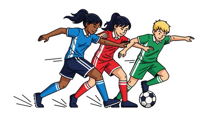 Dynamic Trio of Athletes: A vibrant illustration captures the action as three young soccer players compete fiercely, the soccer ball a central focus in their intense game.