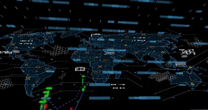 Animation of digital data processing and world map over clack background - Powered by Adobe
